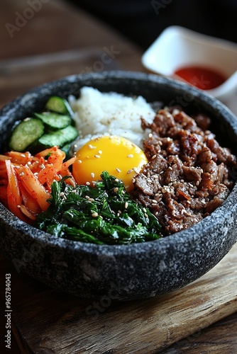 Dolsot Bibimbap: Bibimbap served in a hot stone pot, where the rice crisps at the bottom for extra texture. photo