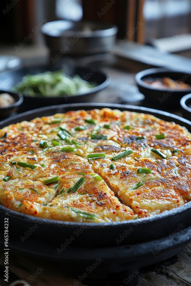 Haemul Pajeon: A seafood and green onion pancake, crispy on the outside and soft inside, popular at Korean markets. Haemul Pajeon: A seafood and green onion pancake, crispy on the outside and soft inside, popular at Korean markets.