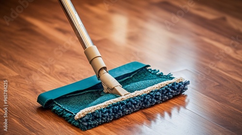 Modern mop cleaning hardwood floor with reusable pad photo