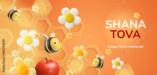 Rosh hashanah celebration 3d. Vector illustration of honey and apple set. photo