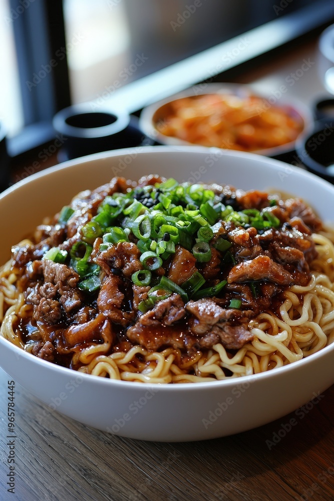 Jjajangmyeon: Noodles with black bean sauce, pork, and vegetables, a Chinese-Korean fusion dish. Jjajangmyeon: Noodles with black bean sauce, pork, and vegetables, a Chinese-Korean fusion dish.
