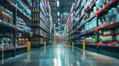 Wide aisle in a large warehouse with shelves filled with products