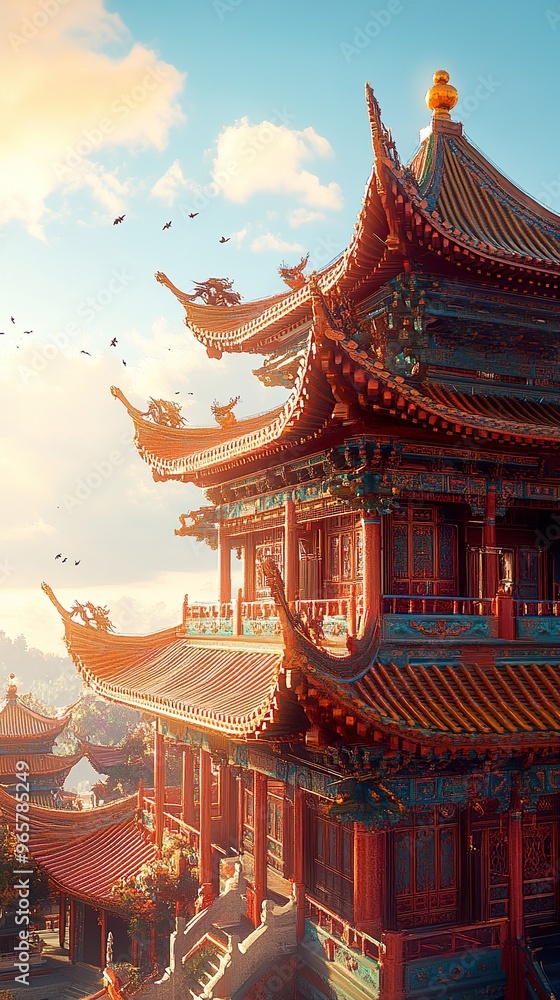 Fototapeta premium Elegant Chinese garden with peaceful stone bridges and traditional architecture picture