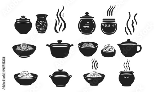 soup filled icons such as bowl, soup, pot, noodles fast food, chef, food, pan