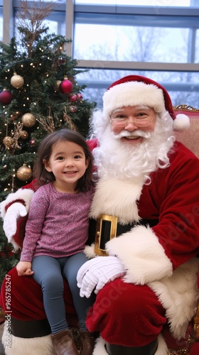 Cheerful Child Sitting on Santa Claus's Lap by Christmas Tree