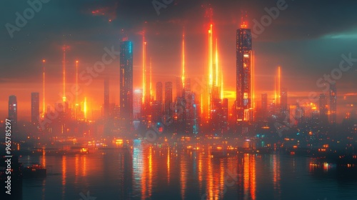 A city skyline powered by solar and wind energy, connected through a smart grid with neon lines and holographic displays visualizing energy flow, Cyberpunk, Digital Art