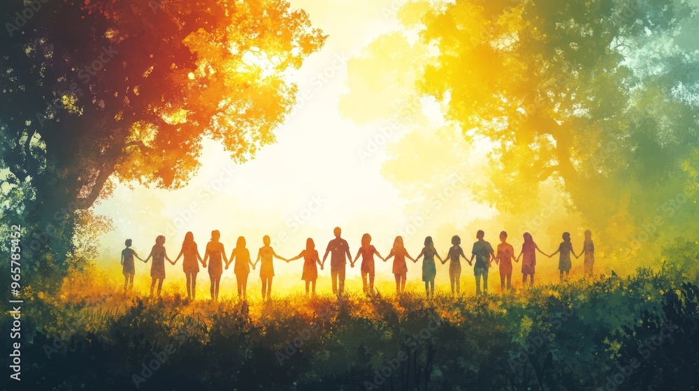 A diverse group of people holding hands in a circle, sunlight filtering through the trees, vibrant nature background, soft focus, pastel colors, watercolor style A diverse group of people holding hands in a circle, sunlight filtering through the trees, vibrant nature background, soft focus, pastel colors, watercolor style