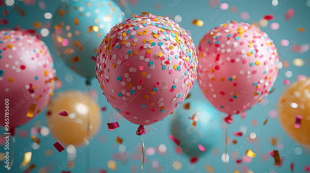 Colorful balloons with confetti in the air, celebrating a joyful gathering during a festive occasion Colorful balloons with confetti in the air, celebrating a joyful gathering during a festive occasion