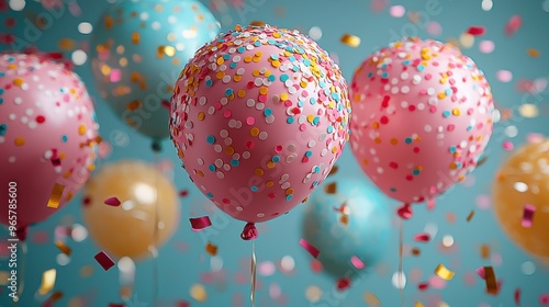 Colorful balloons with confetti in the air, celebrating a joyful gathering during a festive occasion