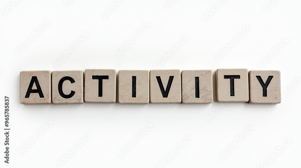 Activity word spelled with stone blocks on white background Activity word spelled with stone blocks on white background