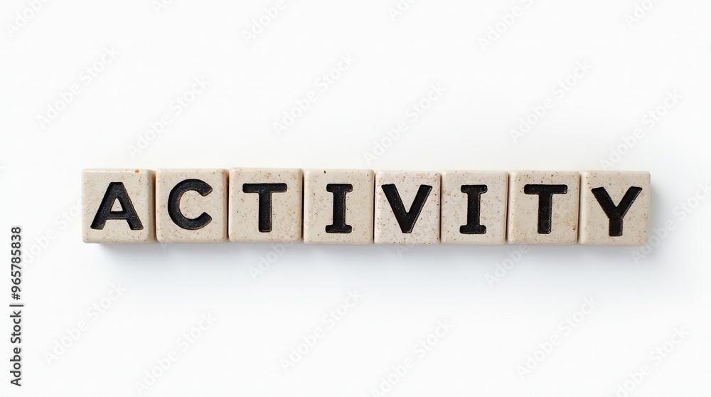 Activity spelled out in stone blocks on white background Activity spelled out in stone blocks on white background