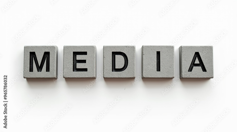 The word media carved in stone blocks on white background The word media carved in stone blocks on white background