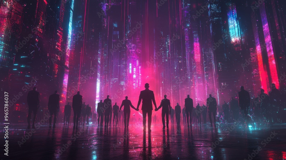 A leader in front of a team holding hands, futuristic cityscape in the background, glowing neon lines, tech-inspired, cyberpunk, high-detail 3D render A leader in front of a team holding hands, futuristic cityscape in the background, glowing neon lines, tech-inspired, cyberpunk, high-detail 3D render