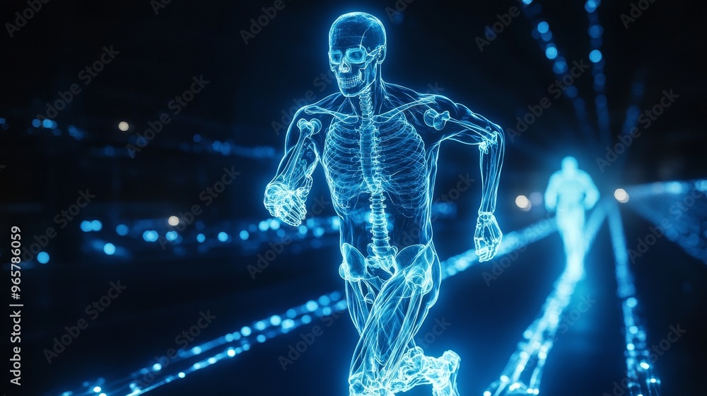 A man's skeleton shown through x-ray as he runs, orthopedic technology, digital holograms representing joint support, vibrant neon and cool blue colors, sci-fi style A man's skeleton shown through x-ray as he runs, orthopedic technology, digital holograms representing joint support, vibrant neon and cool blue colors, sci-fi style