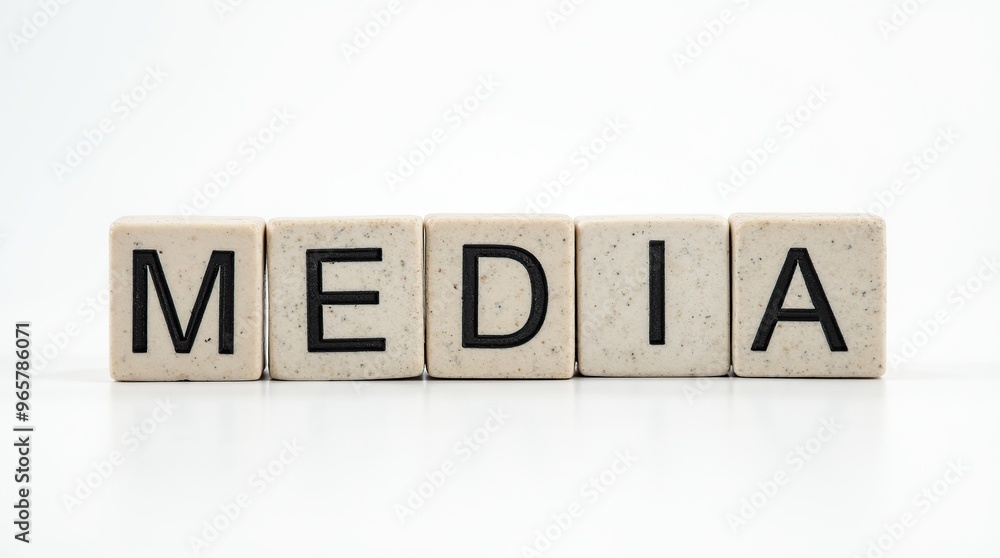 Media text carved in stone blocks on a white background Media text carved in stone blocks on a white background