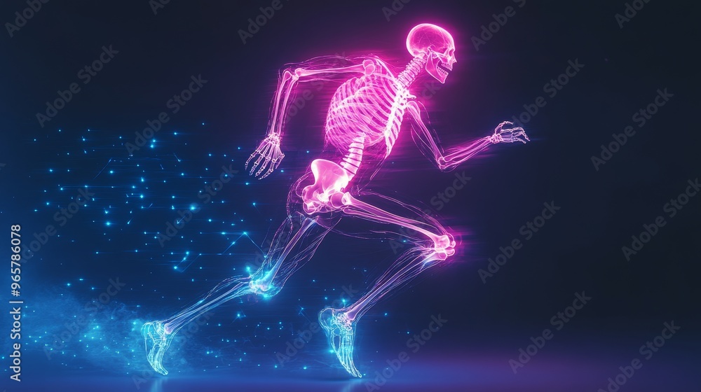 A man's skeleton shown through x-ray as he runs, orthopedic technology, digital holograms representing joint support, vibrant neon and cool blue colors, sci-fi style A man's skeleton shown through x-ray as he runs, orthopedic technology, digital holograms representing joint support, vibrant neon and cool blue colors, sci-fi style