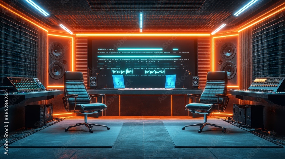 Futuristic podcast studio design, two sleek metal chairs, cutting-edge microphones with LED displays, vibrant holographic sound waves in the background Futuristic podcast studio design, two sleek metal chairs, cutting-edge microphones with LED displays, vibrant holographic sound waves in the background