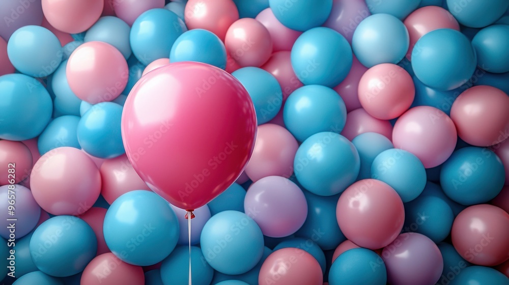 A vibrant pink balloon stands out against a colorful backdrop of blue and pink balls in a playful setting for children A vibrant pink balloon stands out against a colorful backdrop of blue and pink balls in a playful setting for children