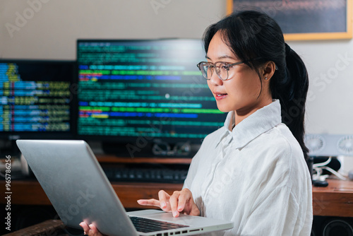 Focused Woman Coding on Laptop