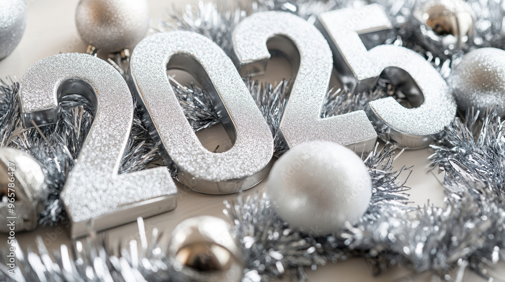 Sparkling Silver 2025 Numbers with Festive New Year Decorations Sparkling Silver 2025 Numbers with Festive New Year Decorations