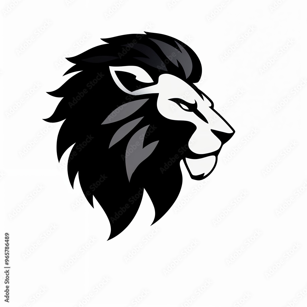 Fototapeta premium stylized black lion's head. The design emphasizes the lion's facial features, including its intense eyes and prominent mane, which is depicted with flowing lines that create a sense of movement