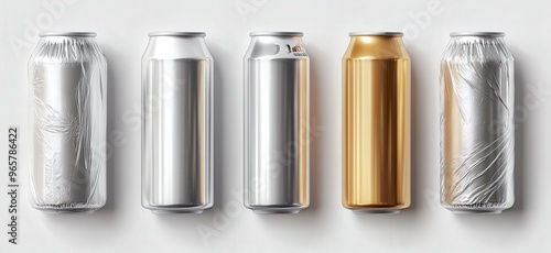 Tin cans in plastic wrap, six soda or beer metal jars front and top view. cylinder aluminium canisters in transparent pack, cold drink bottles isolated on white background, Realistic 3d vector mockup