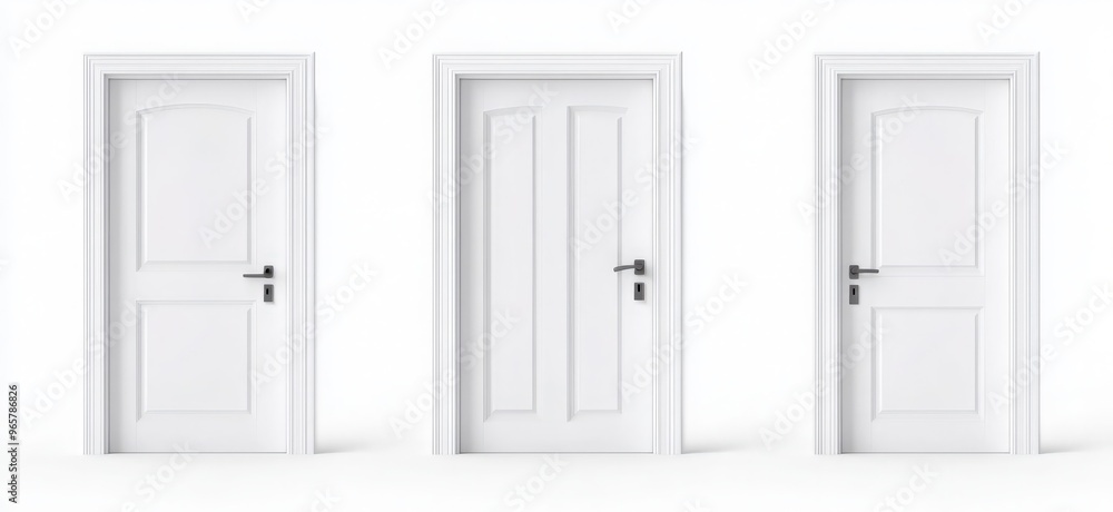 White wooden door for front entrance or inside house, apartment or office. 3d wood door with handle and frame in open, closed and ajar position, vector realistic set isolated on white background White wooden door for front entrance or inside house, apartment or office. 3d wood door with handle and frame in open, closed and ajar position, vector realistic set isolated on white background