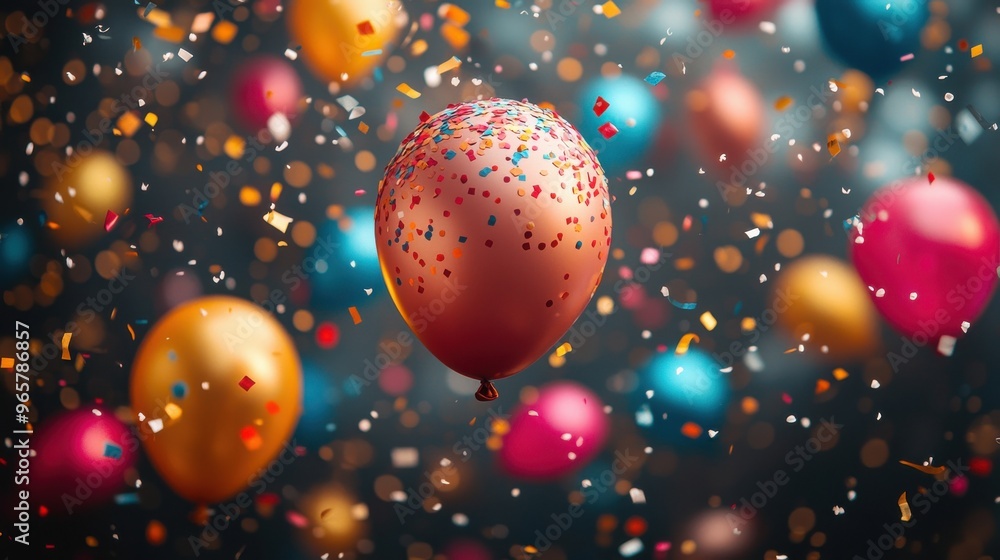 Colorful balloons floating among confetti during a festive celebration with a joyful atmosphere and vibrant decorations in the air Colorful balloons floating among confetti during a festive celebration with a joyful atmosphere and vibrant decorations in the air