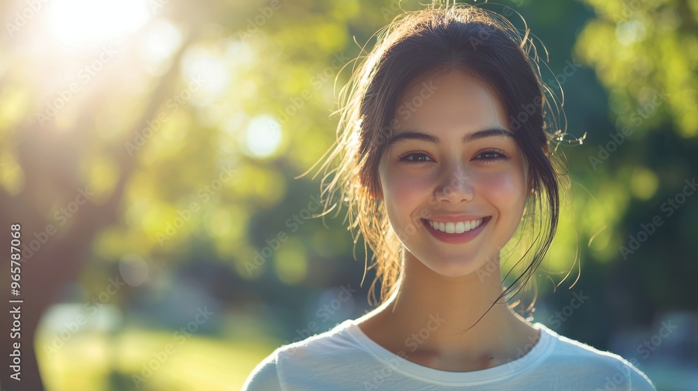Joyful woman enjoying nature in a sunlit park Joyful woman enjoying nature in a sunlit park