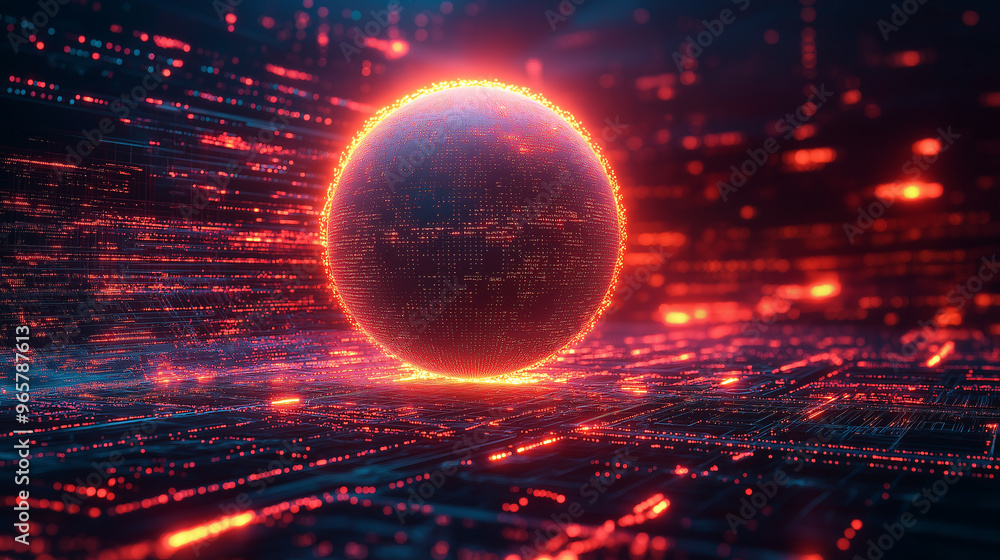 A glowing red sphere is the center of a computer generated image A glowing red sphere is the center of a computer generated image