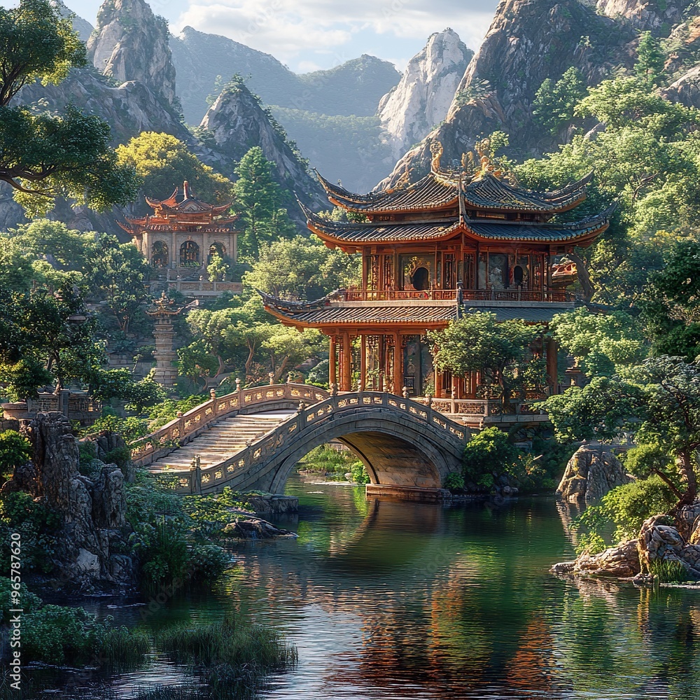 Fototapeta premium Serene Chinese garden featuring ancient architecture and intricate stone bridges picture