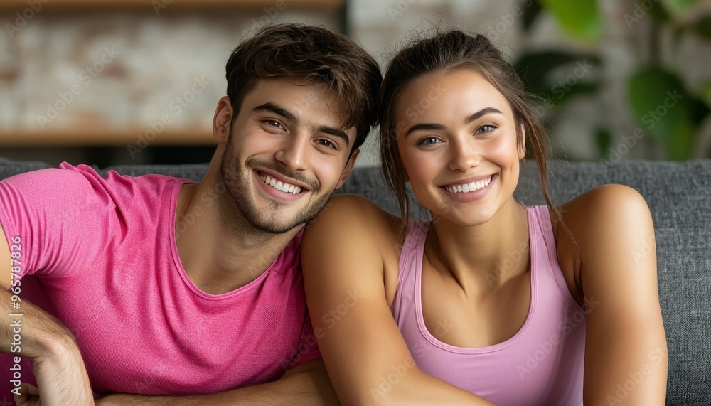 Happy Fit Couple Smiling On Sofa, Relaxing At Home, Domestic Life, Healthy Lifestyle Concept Happy Fit Couple Smiling On Sofa, Relaxing At Home, Domestic Life, Healthy Lifestyle Concept