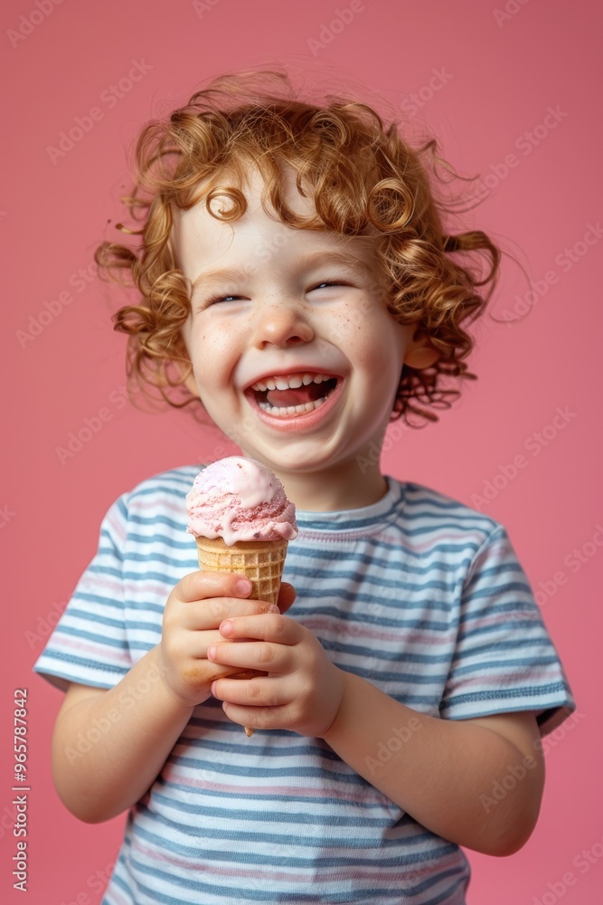 Joyful Child Eating Ice Cream Cone Against Colorful Background