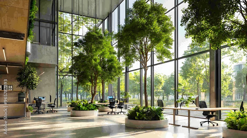 Blended Workspace with Lush Indoor Greenery and Floor-to-Ceiling Windows Blended Workspace with Lush Indoor Greenery and Floor-to-Ceiling Windows
