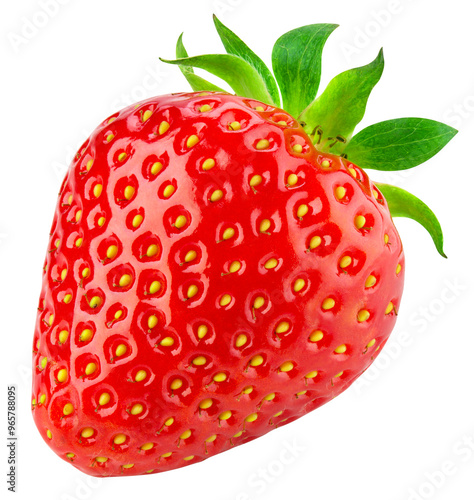 Strawberry isolated png. One strawberry on transparent background. PNG format. Red berry with no background. Full depth of field.