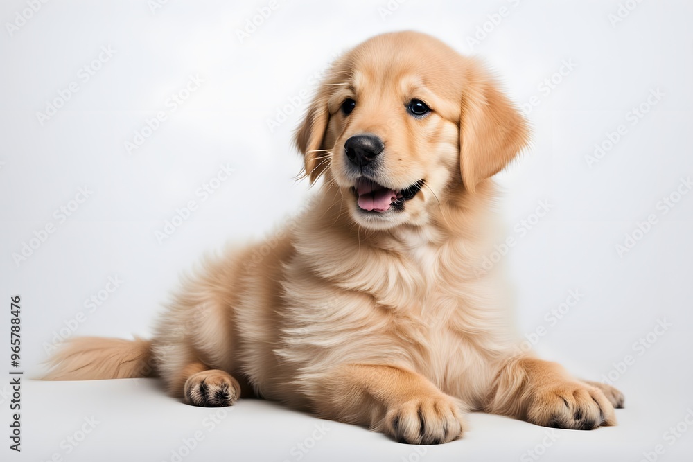 A fluffy golden retriever puppy sitting on a white background wagging it tail, AI Generated A fluffy golden retriever puppy sitting on a white background wagging it tail, AI Generated