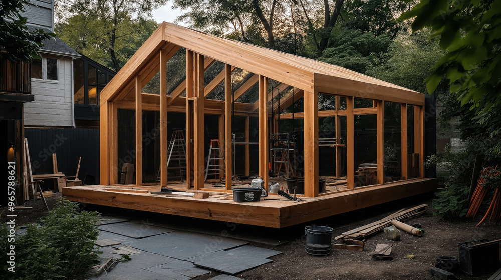 A modern timber greenhouse under construction in a backyard. The structure features large glass panels and a wooden frame. Construction tools and materials are scattered around. A modern timber greenhouse under construction in a backyard. The structure features large glass panels and a wooden frame. Construction tools and materials are scattered around.