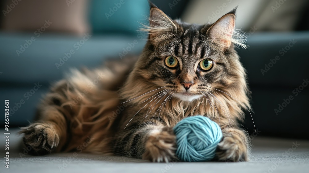 A fluffy cat with striking eyes lies beside a blue yarn ball on a soft surface. A fluffy cat with striking eyes lies beside a blue yarn ball on a soft surface.