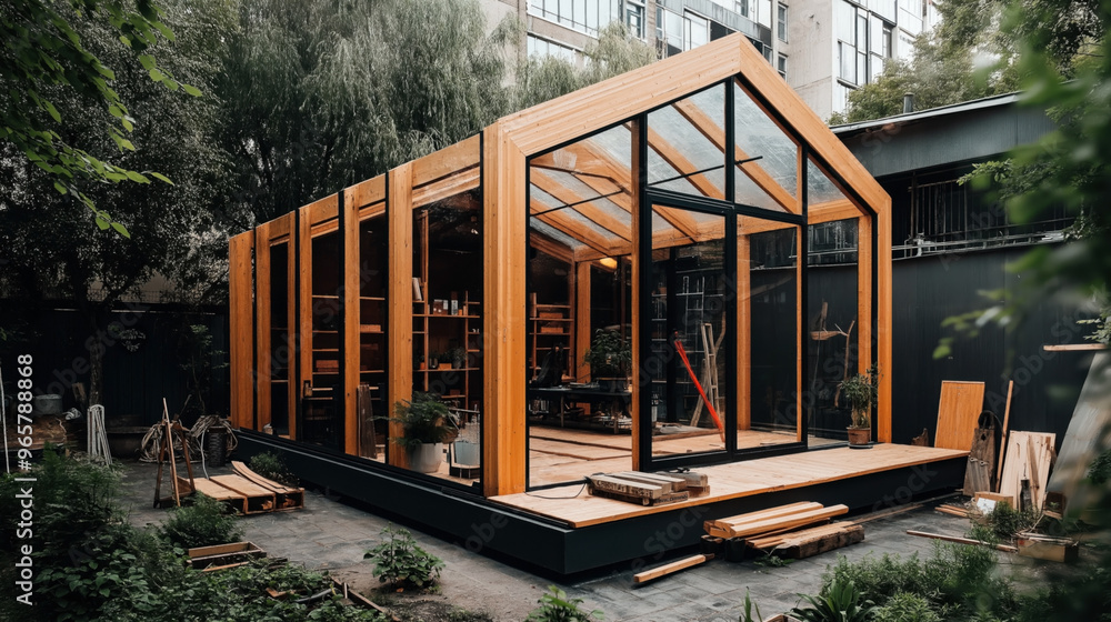 A modern wooden greenhouse with large glass panels located in a backyard. The structure features a high ceiling and shelves inside, while plants and construction materials surround it. A modern wooden greenhouse with large glass panels located in a backyard. The structure features a high ceiling and shelves inside, while plants and construction materials surround it.