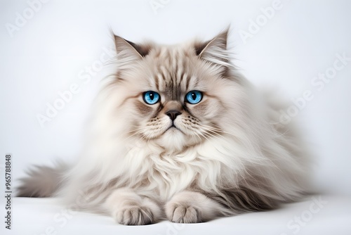 A fluffy persian cat with blue eyes lying down on a white background, AI Generated