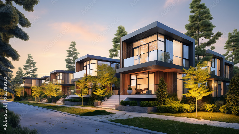 Obraz premium row of modern houses with a street and trees