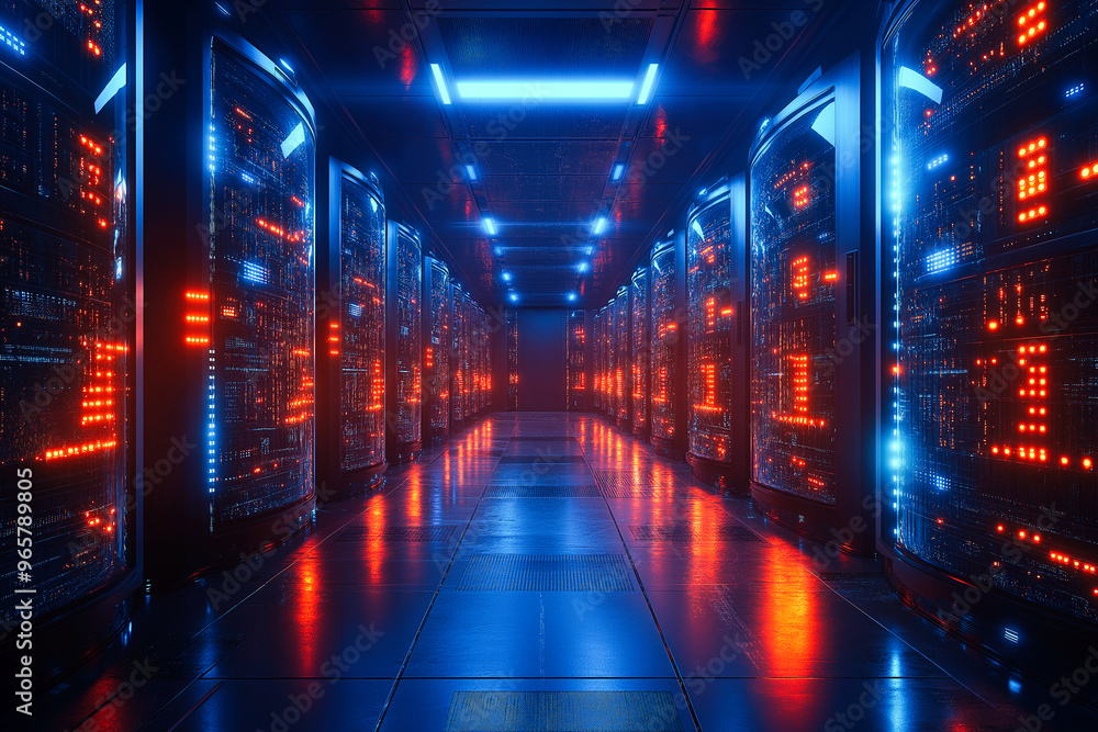 Futuristic sci fi server room with glowing blue and orange lights Futuristic sci fi server room with glowing blue and orange lights