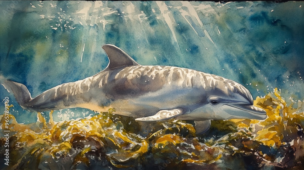 Fototapeta premium Baby dolphin asleep on seaweed, bathed in sunlight rays piercing the ocean, watercolor, soft brushstrokes, gentle blues, and greens