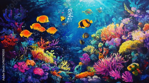 Vibrant underwater scene with colorful coral reef and tropical fish swimming.