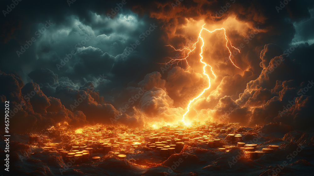 A fiery, stormy sky with a lightning bolt striking the ground A fiery, stormy sky with a lightning bolt striking the ground