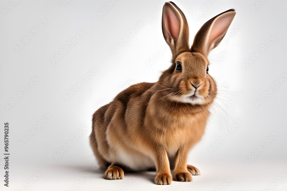 Fototapeta premium A playful brown rabbit with long ears and a twitching nose sitting on a white background, AI Generated
