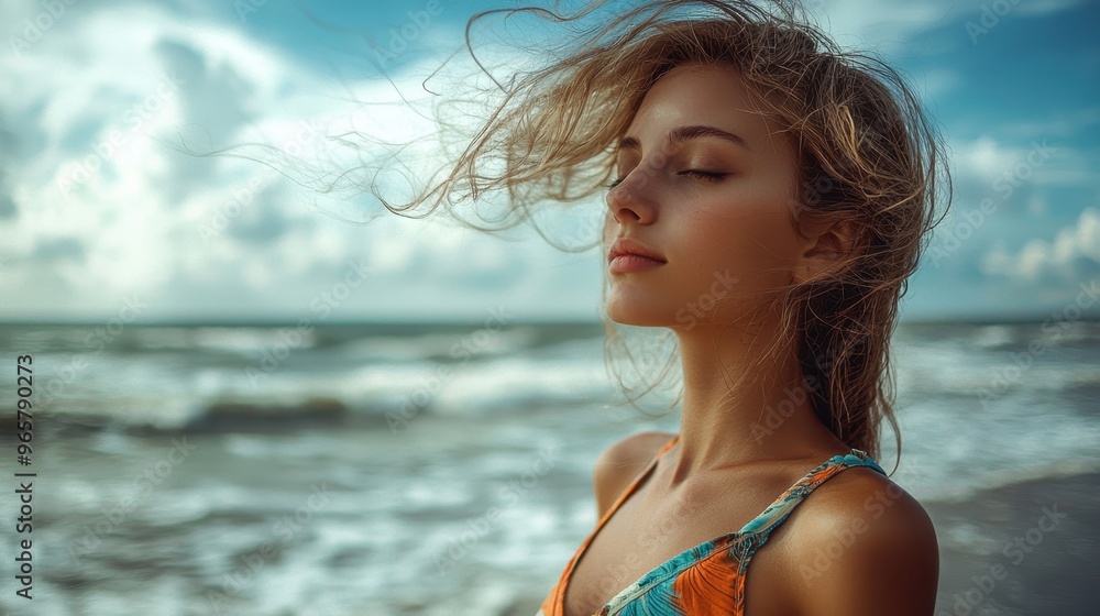 Energizing Beach Escape - Woman in Colorful Tank Top Enjoying Windy Day by the Ocean Energizing Beach Escape - Woman in Colorful Tank Top Enjoying Windy Day by the Ocean