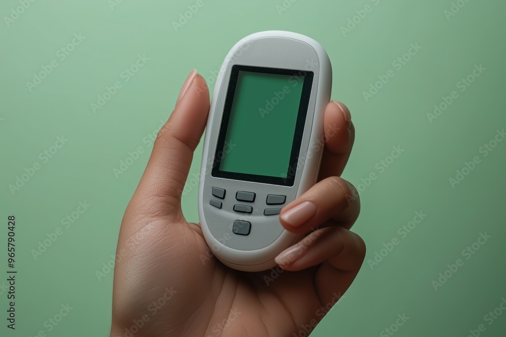 Hand holding glucose meter for diabetes control on green background Hand holding glucose meter for diabetes control on green background