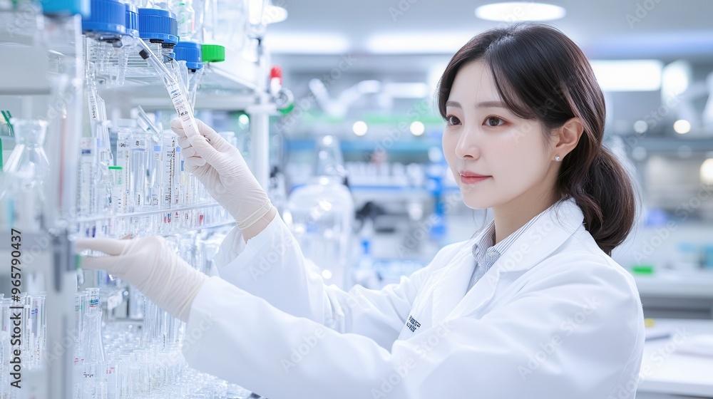 Scientist analyze biochemical samples in advanced scientific laboratory. Scientist analyze biochemical samples in advanced scientific laboratory.