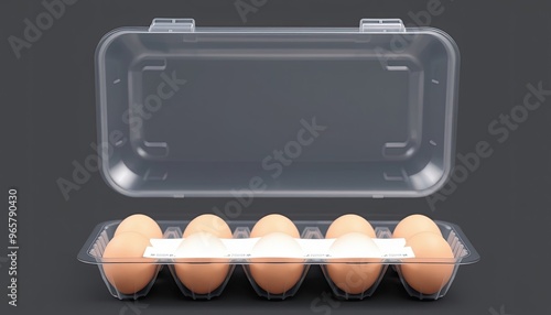 Blank transparent plastic egg tray with white label mockup stack. eggs in carton. eggs in a box photo